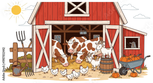 A wooden farmhouse with a barn and a horse in a rural countryside setting under the blue sky