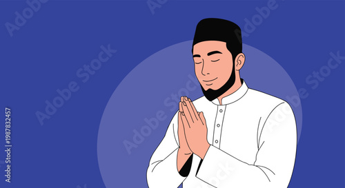 Muslim man in a white tunic and black cap praying with his hands together and eyes closed in a peaceful and spiritual moment.