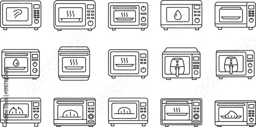 Kitchen appliance oven and air fryer line icons with appliance microwave electrical culinary