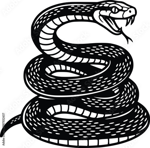 Hand Drawn Coiled Snake Silhouette Line Art Vector Black and White Serpent