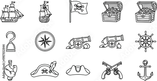 Set of pirate adventure and nautical hand drawn vector icons with nautical adventure treasure
