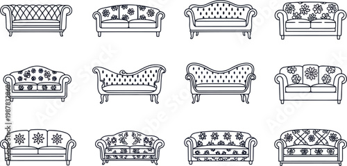 Set of vintage furniture and classic sofa line art icons with furniture interior upholstery