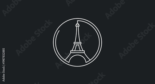 Minimalist outline icon of the Eiffel Tower within a circle, representing iconic landmarks and European travel