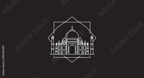 Elegant Monoline Outline of the Taj Mahal Monument within Geometric Shapes on a Dark Background