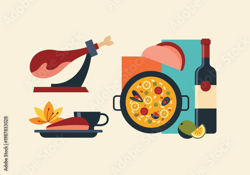 Spanish Cuisine Flat Vector Illustration Featuring Seafood Paella, Jamon Iberico, and Red Wine for Restaurant Menu and Mediterranean Travel Design