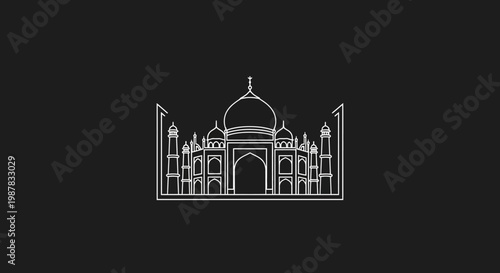 Elegant minimalist vector line art illustration of a majestic Indian architectural marvel, representing a historic landmark with iconic domes and intricate design on a dark background