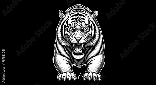 Powerful detailed illustration of a majestic tiger head roaring aggressively, rendered in striking black and white tones with an intense gaze, perfect for a strong visual