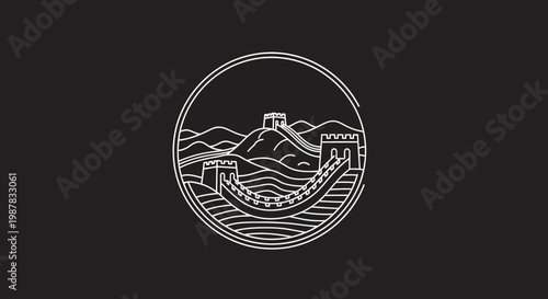 Elegant minimalist line art logo featuring a majestic ancient fortification, evoking the iconic imagery of the historic Great Wall winding through rolling hills