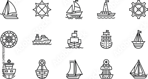 Set of marine and nautical transportation line icons with nautical transportation navigation