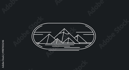 Minimalist outline art of Egyptian pyramids within an oval frame, representing ancient architecture and travel destinations