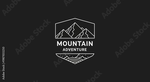 Minimalist geometric mountain and landscape emblem for adventure and outdoor brands, symbolizing exploration and nature