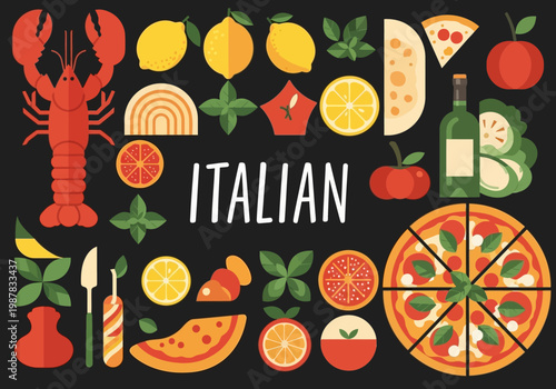 Italian Food and Mediterranean Cuisine Flat Vector Illustration Set with Pizza, Seafood, Wine, and Fresh Ingredients on Dark Background