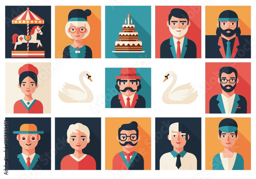 Set of Minimalist Flat Design People Avatars and Lifestyle Icons with Long Shadows, Including Characters, Birthday Cake, Carousel Horse, and Swan