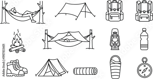 Outdoor camping and hiking gear essential vector icon set with equipment backpack campfire