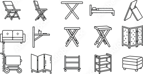Modern compact and folding furniture vector line icon set with furniture interior minimalist