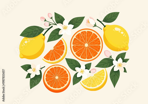 Flat Design Botanical Illustration of Fresh Lemons and Oranges with Citrus Blossoms and Leaves