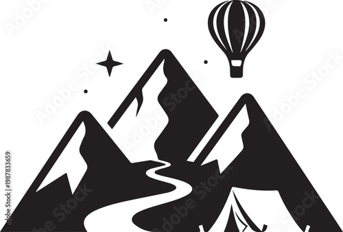 Mountain landscape, hot air balloon, black silhouette, vector icons, travel symbols