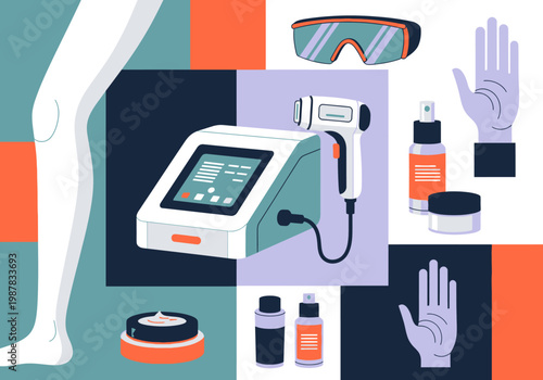 Laser Hair Removal Machine and Professional Aesthetic Equipment Flat Vector Illustration. Set of Skincare Products, Goggles, and Gloves for Beauty Salon or Medical Spa.