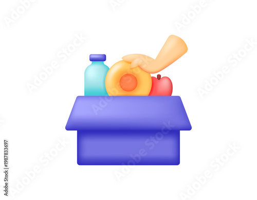 The concept of donation, charity, almsgiving. Giving aid or donations. 3D illustration of hands putting humanitarian aid into a cardboard box. Drinks, food, and money. Symbol, icon, 3D vector