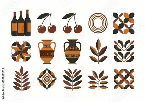 Ancient Greek Mediterranean Icon Collection - Terracotta and Black Minimalist Illustrations of Wine, Amphorae, Olive Leaves, and Geometric Patterns