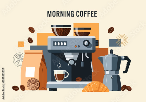 Morning Coffee Concept Illustration featuring Espresso Machine, Moka Pot, Fresh Beans, and Croissant in Flat Modern Style
