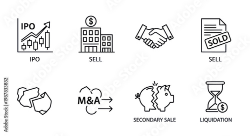 Business Icons: IPO, Sell, M&A, Liquidation, Secondary Sale, Handshake