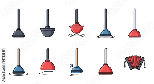 Collection of Diverse Plungers and Accordion Illustration