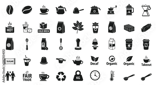 Coffee Icons Set: Beans, Brew, Tools, Bags, and More - Vector Graphics
