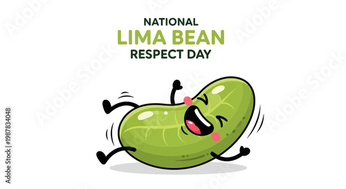 Celebrating National Lima Bean Respect Day, a cartoon green lima bean character joyfully leaps and smiles, its cheerful expression embodying the spirit of legumes nutrition and healthy