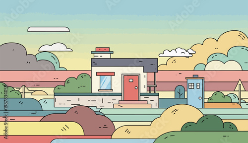 Minimalist suburban house illustration, charming residential building in a pastel landscape, modern home vector art for real estate and community projects