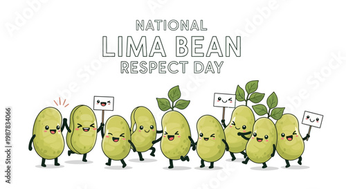 Celebrating National Lima Bean Respect Day, a cute vector illustration features a happy group of green lima beans holding signs with smiley faces, embodying a healthy eating and legumes