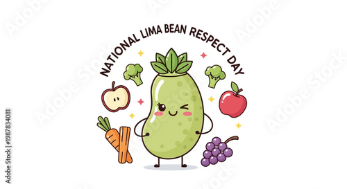 Celebrating National Lima Bean Respect Day, a fun vector illustration features a cute lima bean character surrounded by healthy food such as apples, carrots, grapes, and broccoli, promoting