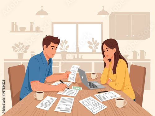 Couple managing finances, a man and woman reviewing bills and documents at home. Financial planning, budget analysis, and tax preparation vector illustration.