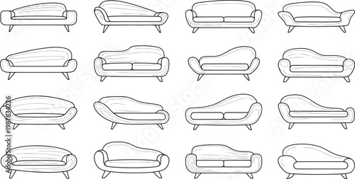 Set of modern sofa and couch furniture line icons with furniture interior lifestyle domestic