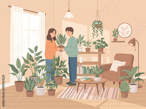 Cozy indoor plant care, couple exchanging potted houseplant, home gardening, botanical lifestyle, warm pastel vector illustration