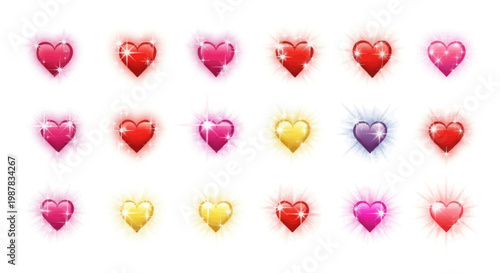 Sparkling Hearts Collection: Red, Pink, Yellow, Purple Gems on White Background