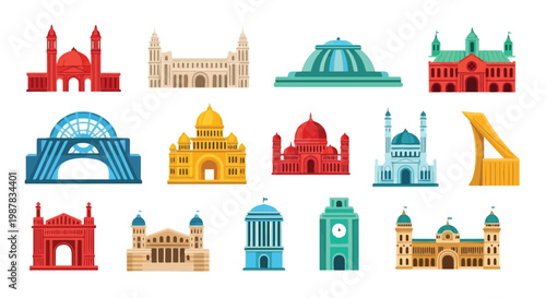Colorful icons of famous worldwide architectural landmarks and monuments