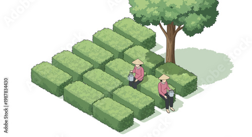 Isometric vector illustration of tea farmers watering terraced tea plants on a stylized tea plantation, presented as a simple character design against a clean white background