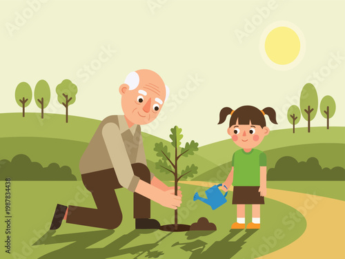 Grandfather and granddaughter planting a tree, a heartwarming family activity, environmental conservation, and nature care. Flat vector illustration for educational resources and sustainable
