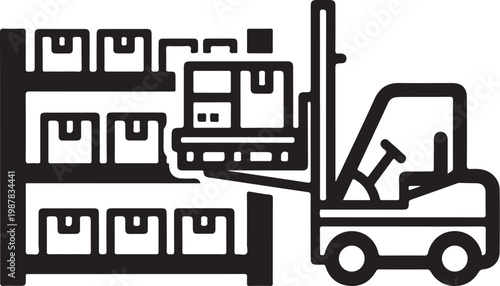 Forklift, warehouse storage, industrial icons, logistics symbols, black and white