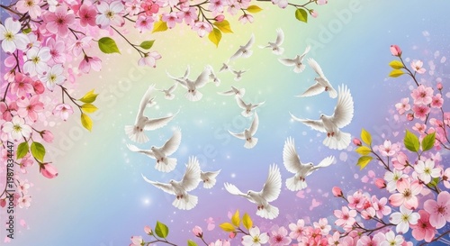Beautiful Springtime Scene with Cherry Blossoms and Doves.
