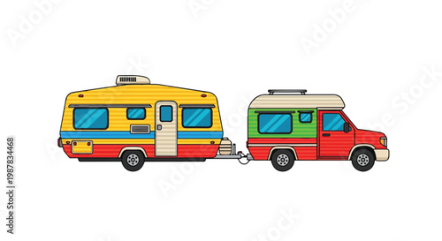 Colorful camper van and trailer parked together on a journey