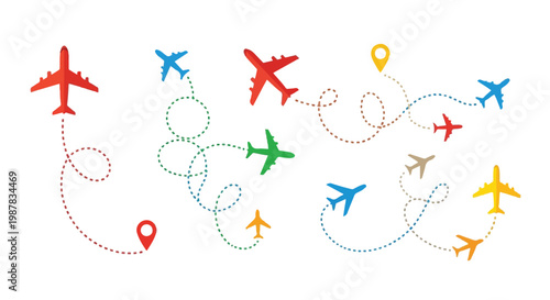 Colorful airplanes connected by dotted lines on a global map background