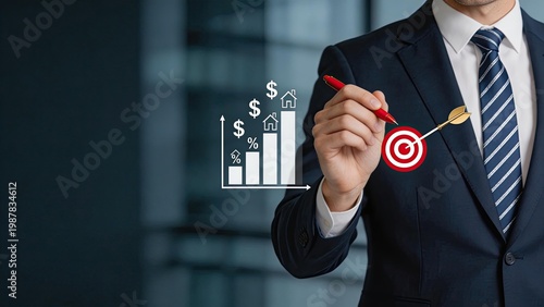 Businessman holding a pen drawing financial growth chart with dollars and houses hitting a target bullseye arrow