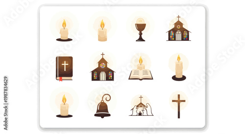 Christianity Symbols Set: Candles, Bible, Churches, Chalice, Bell, Cross