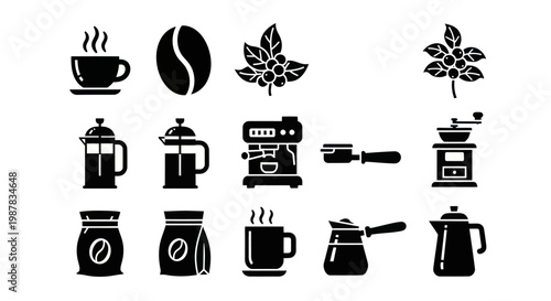Coffee Icons Set: Cup, Beans, Berries, Grinder, Machine, French Press, Bag, Pot