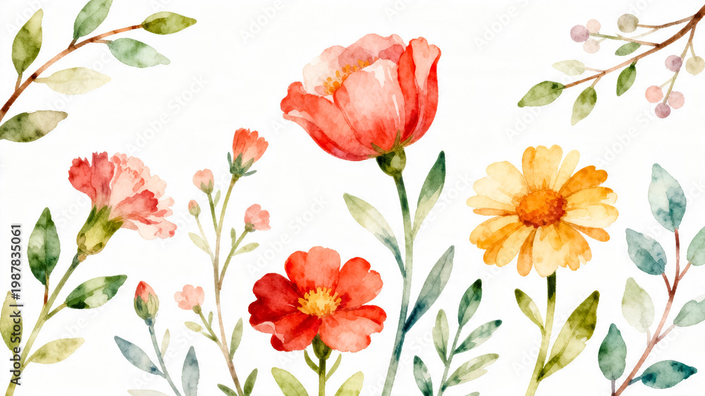 Fototapeta premium Watercolor Painting of Vibrant Flowers with Leaves