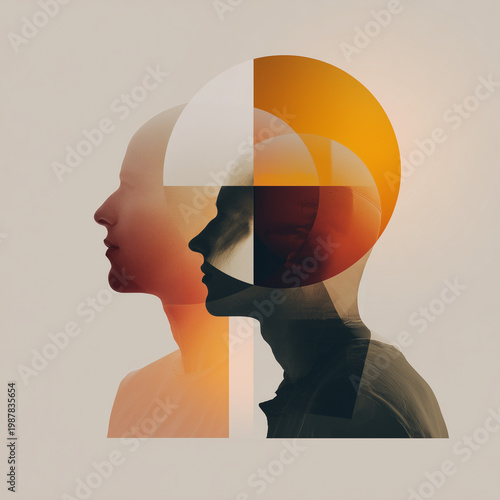 Silhouettes of two faces merge softly, one warm, one cool. Golden hues glow behind darkened profiles. Abstract shapes float like thoughts or memories