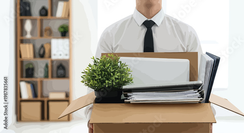 Businessman Holding Cardboard Box with Office Supplies in Modern Office