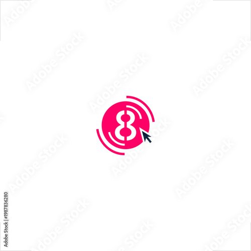 Bold circular tech logo featuring 8 number eight with dynamic signal arcs and cursor pointer, ideal for digital media, communication, broadcasting, and interactive brand identity design